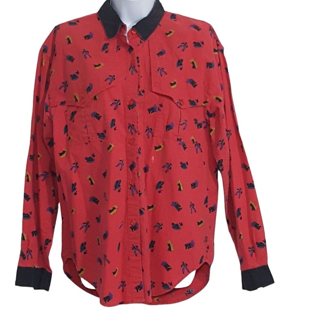 Adobe Rose Shirt Womens L 1992 Southwestern Red Button Down Long Sleeve Vintage